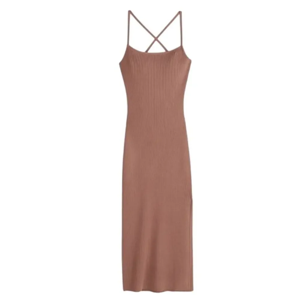 Abercrombie & Fitch Lace-up Ribbed Midi Dress Size S Brown
